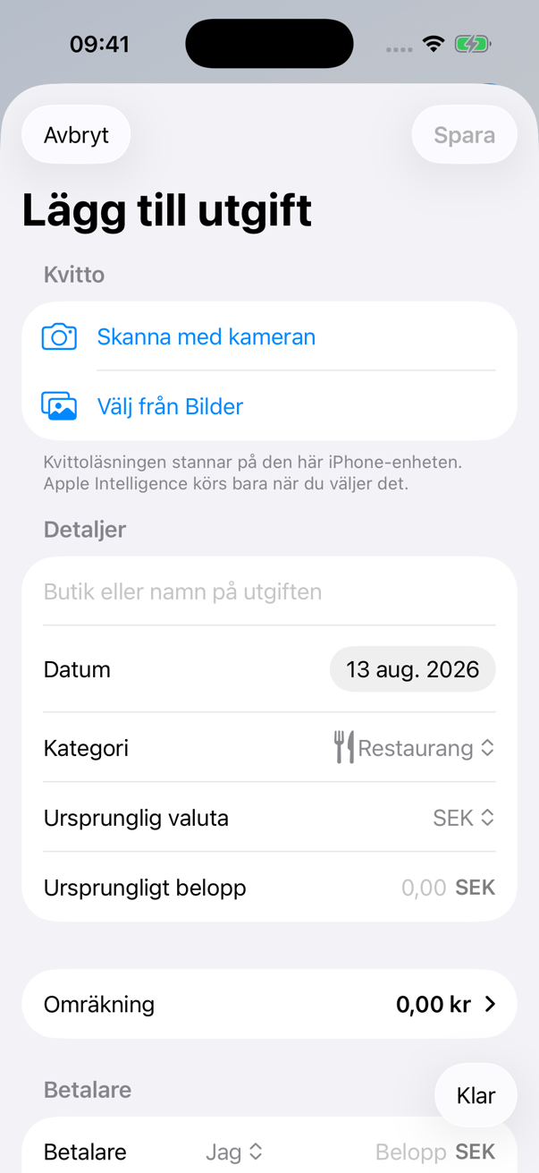 Nettats utgiftsformulär med kvitto- och betalarkontroller