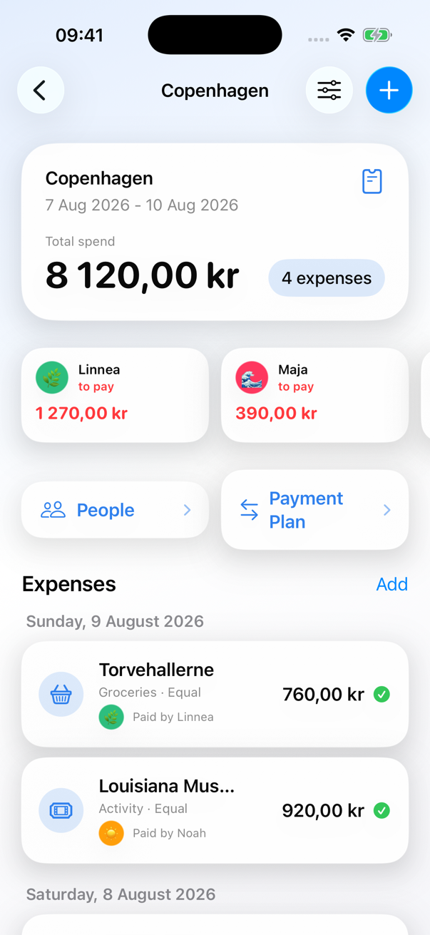 A populated Copenhagen Group in Nettat with four expenses and participant balances