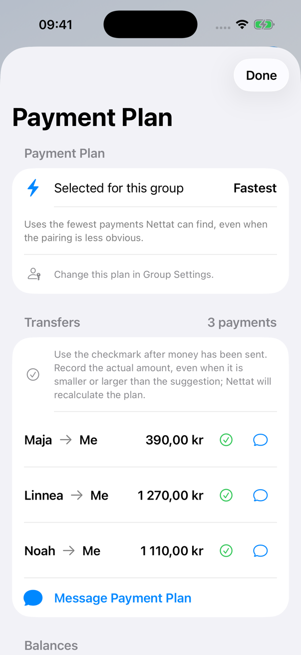 Nettat Payment Plan showing three suggested transfers