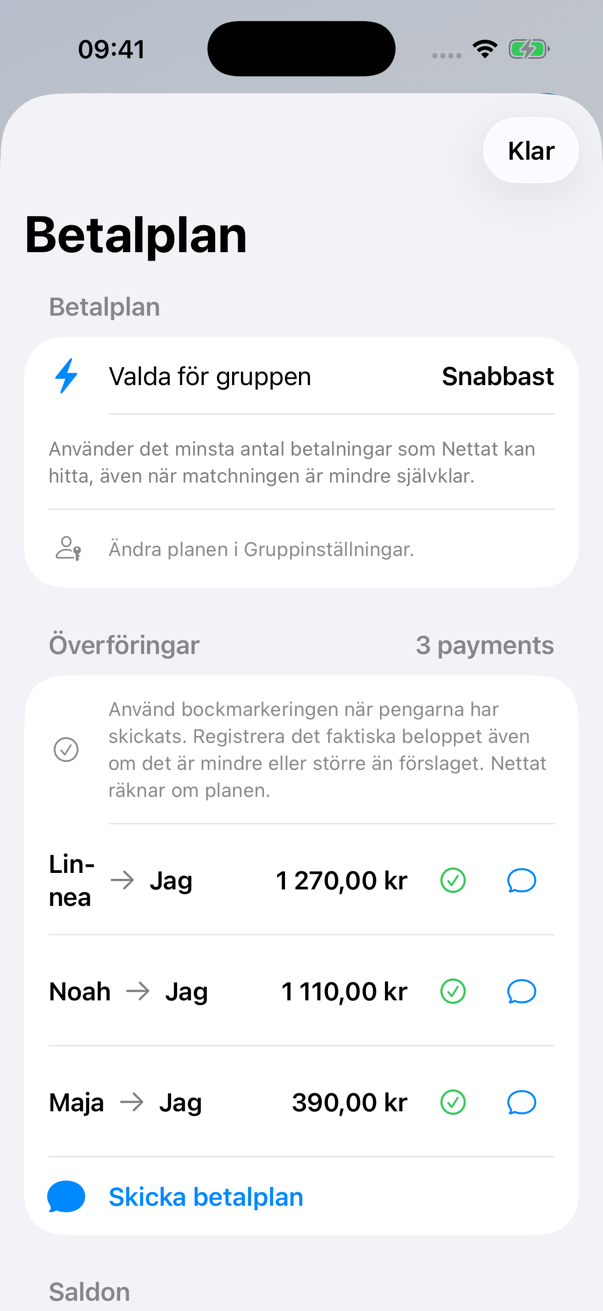 Nettats betalplan med tre föreslagna överföringar