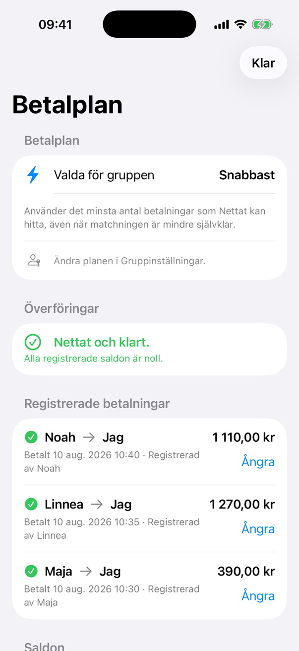 Nettats betalplan med tre registrerade betalningar och alla saldon på noll